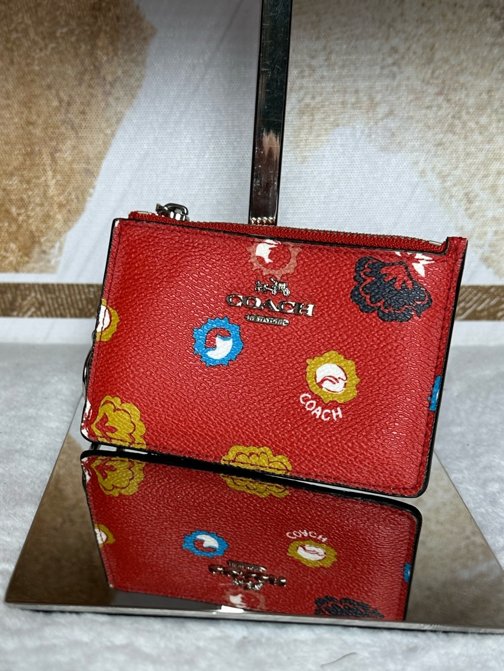 Coach Red Floral Zip Card Case Keyring
